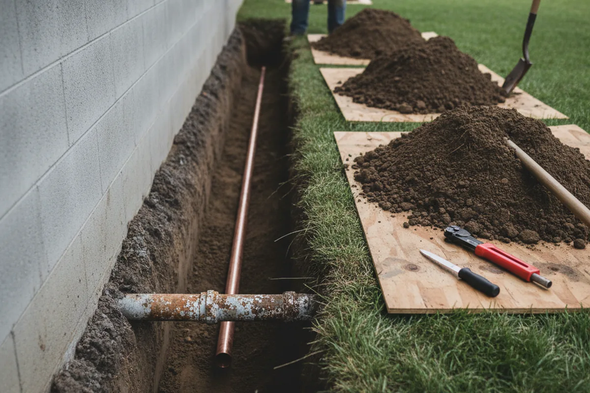 Excavated water line trench during Water Softener Installation in Riverside